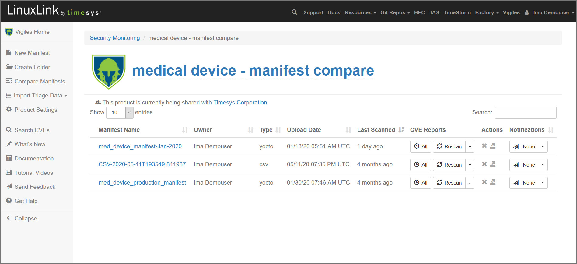 Timesys Vigiles user dashboard manifests in a product